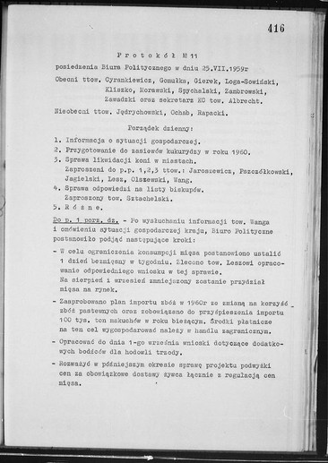 Protokół nr 11 posiedzenia Biura Politycznego KC PZPR w dniu 25.VII 1959 r.