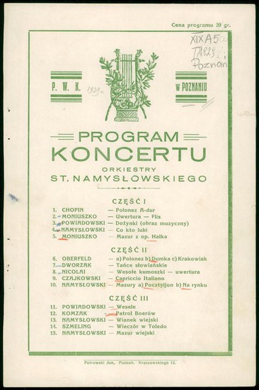 Program Koncertu Orkiestry St. Namysłowskiego.