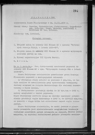 Protokół nr 218 posiedzenia Biura Politycznego KC PZPR w dniu 3 marca 1959 r.