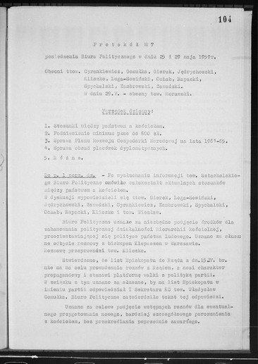 Protokół nr 7 posiedzenia Biura Politycznego KC PZPR w dniu 25 i 29 maja 1959 r.