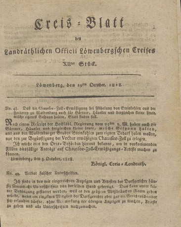 Kreis-Blatt des Landräthlichen Officii Löwenbergschen Kreises.