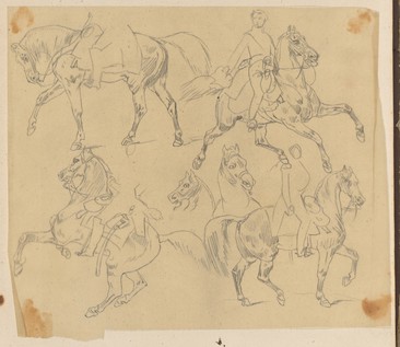 Skarbczyk. Cztery konie i jeźdźcy, dwa łby końskie.